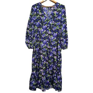 boohoo Maxi Dress Womens 10 Tier Ruffle Watercolor Long sleeve Artsy Art To Wear